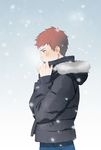  bad_id bad_pixiv_id blush brown_eyes brown_hair coat covered_mouth duffel_coat emiya_shirou fate/stay_night fate_(series) from_side fur_trim hood hood_down long_sleeves male_focus profile red_hair sleeves_past_wrists snowing solo taa_(acid) upper_body winter winter_clothes 