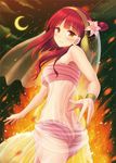  bare_shoulders blush breasts butt_crack crescent_moon fire flower hair_flower hair_ornament kichiroku long_hair looking_at_viewer magi_the_labyrinth_of_magic medium_breasts moon morgiana red_eyes red_hair see-through smile solo 