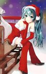  aqi aqua_eyes aqua_hair bad_id bad_pixiv_id chin_rest christmas hat hatsune_miku long_hair sack santa_hat sitting sleigh smile snow solo twintails vocaloid 