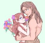  1girl blue_background blue_eyes bouquet brown_hair couple flower green_eyes hair_flower hair_ornament height_difference hetero holding jane_porter kanaharu_0401 profile tarzan tarzan_(disney) topless 