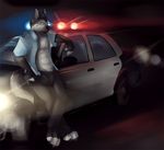  anthro biceps black_fur black_hair black_nose blue_eyes body_hair canine car claws clothing dog fur grey_eyes grey_fur hair happy_trail looking_at_viewer male mammal muscles night no_swift officer open_shirt pants pecs police police_car policecar pose shirt solo standing toe_claws toned treasure_trail white_fur 