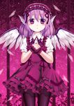  alternate_costume alternate_headwear black_legwear blush dress feathers hairband looking_at_viewer md5_mismatch mystia_lorelei pantyhose pink_hair purple_eyes short_hair solo touhou tsukino_neru wings 