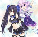  arm_up bare_shoulders belt black_hair blush bow breasts choker cleavage d-pad detached_sleeves hair_bow hair_ornament kami_jigen_game_neptune_v long_hair looking_at_viewer medium_breasts midriff mikan_no_shiru multiple_girls navel neptune_(choujigen_game_neptune) neptune_(series) no_nose noire purple_eyes purple_hair red_eyes short_hair socks star striped striped_legwear thighhighs twintails very_long_hair 