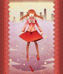  :d braid brown_hair city closed_eyes falling itein madotsuki open_mouth outstretched_arms pantyhose pink_shirt shirt shoes single_shoe skirt sky slippers smile solo star_(sky) starry_sky tears turtleneck twin_braids yume_nikki 