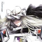  album_cover black_gloves blonde_hair bug butterfly cover gloves hat hat_ribbon insect lips long_hair lying on_stomach realistic ribbon solo sousou_(sousouworks) touhou yakumo_yukari yellow_eyes 