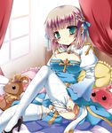  archbishop bed blush braid breasts brown_hair cross curtains frilled_pillow frills green_eyes hair_ribbon half_updo high_heels highres large_breasts pillow ragnarok_online ribbon shoes short_hair sitting smile solo thighhighs white_legwear yoroi_nau 