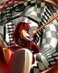  bare_shoulders blurry chain depth_of_field frown hair_ribbon highres long_hair magical_girl mahou_shoujo_madoka_magica polearm ponytail red_eyes red_hair ribbon sakura_kyouko solo spear suno-pi weapon witch's_labyrinth 