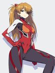  blue_eyes bodysuit brown_hair chan_co covered_navel evangelion:_3.0_you_can_(not)_redo eyepatch grey_background hair_ornament hand_on_hip highres leg_lift long_hair looking_at_viewer neon_genesis_evangelion pilot_suit plugsuit rebuild_of_evangelion shadow shikinami_asuka_langley simple_background skin_tight solo souryuu_asuka_langley two_side_up 