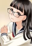  black_hair blush glasses gradient gradient_background long_hair looking_at_viewer luna2 original school_uniform serafuku smile solo 