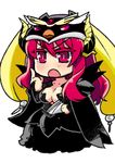  armor armored_dress blonde_hair blush breasts bridal_gauntlets cape center_opening chibi cleavage cosplay demon_girl hat horns ishida_akira large_breasts long_hair maou_(maoyuu) maoyuu_maou_yuusha mawaru_penguindrum open_mouth princess_of_the_crystal princess_of_the_crystal_(cosplay) red_eyes red_hair solo twintails 