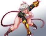  belt bent_over blazblue blazblue:_chronophantasma breasts bullet_(blazblue) cleavage covered_nipples dark_skin denim denim_shorts fingerless_gloves gauntlets gloves kneehighs kuroshima_tom large_breasts red_eyes scar short_hair shorts silver_hair solo weapon 