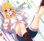  :d adjusting_eyewear ahoge belt bespectacled blonde_hair blush boots breasts cleavage cover cover_page glasses green_eyes hands_on_eyewear hoshii_miki idolmaster idolmaster_(classic) large_breasts long_hair looking_at_viewer open_mouth shirt shorts siva_(executor) sleeves_rolled_up smile solo star underboob white_shirt 