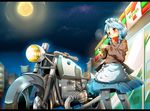  7-eleven blue_hair bmw braid building can convenience_store dress full_moon ground_vehicle highres izayoi_sakuya jacket jinkou-kuu leather leather_jacket letterboxed maid maid_headdress moon motor_vehicle motorcycle night pantyhose red_eyes scarf shop sky skyscraper solo star_(sky) starry_sky touhou twin_braids 