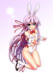  al_azif animal_ears bare_legs bare_shoulders blue_eyes blush breasts bunny_ears bunnysuit demonbane detached_collar high_heels leotard long_hair medium_breasts outstretched_arm pink_hair shoes smile solo surume_(clavis) 