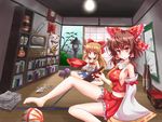  armpits ascot bad_id bad_pixiv_id ball bare_legs bare_shoulders barefoot bookshelf bottle bow box breasts brown_hair clock cup detached_sleeves dice gourd grin hair_bow hair_tubes hakurei_reimu hanging_scroll horns ibuki_suika light_bulb looking_at_viewer maneki-neko medium_breasts midriff multiple_girls no_bra orange_hair origami paper_crane red_eyes room sakazuki sake_bottle scroll short_hair shouji sideboob sitting sliding_doors smile stone_lantern sumapan tatami television temari_ball touhou vanishing_point 