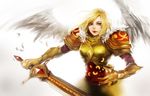  armor blonde_hair blue_eyes feathers kayle league_of_legends lips long_hair na_young_lee no_headwear no_helmet solo sword weapon wings 