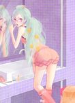  bathroom bespectacled blue_eyes coma_(fginiy) glasses green_hair hatsune_miku kneehighs leaning_forward long_hair looking_back mirror reflection sink solo very_long_hair vocaloid 