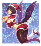  ass bad_id bad_pixiv_id black_hair blush boots box breasts capelet christmas detached_sleeves english fang fangs gift gift_box hat heart high_heels holding large_breasts looking_at_viewer midriff one_eye_closed open_mouth pantyhose red_capelet red_eyes ribbon santa_costume santa_hat shameimaru_aya shoes short_hair short_shorts shorts smile solo thighs touhou wadani_hitonori wings 