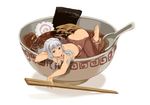  ass barefoot chopsticks feet food geregere_(lantern) idolmaster idolmaster_(classic) in_bowl in_container in_food long_hair meandros minigirl noodles nude oversized_object partially_submerged purple_eyes ramen shijou_takane silver_hair solo 