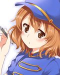  :o araki_hina blue_napoleon blush brown_eyes brown_hair hat holding idolmaster idolmaster_cinderella_girls mitsuki_meiya pen short_hair simple_background solo upper_body white_background 