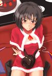  amagami bad_id bad_pixiv_id black_hair blush brown_eyes cake capelet cat food looking_at_viewer murasaki_iro nanasaki_ai puu_(amagami) red_capelet santa_costume short_hair sitting smile solo 