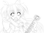  angel_beats! e_lu_daa fang greyscale guitar highres instrument lineart long_hair monochrome open_mouth school_uniform serafuku shinda_sekai_sensen_uniform solo yui_(angel_beats!) 