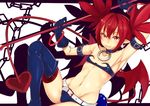  :3 armpits bat_wings belt boots choker demon_girl demon_tail disgaea earrings etna flat_chest gloves jewelry looking_at_viewer makai_penguin pointy_ears polearm prinny red_eyes red_hair red_wings short_hair slit_pupils spear tail thigh_boots thighhighs twintails weapon wings 