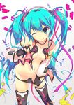  ;q aoi_sora-maru aqua_eyes aqua_hair black_legwear black_panties blush breasts collarbone fingerless_gloves freely_tomorrow_(vocaloid) gloves groin hair_ornament hatsune_miku highres long_hair looking_at_viewer medium_breasts nail_polish navel one_eye_closed panties panty_pull project_diva_(series) project_diva_f pulled_by_self solo thighhighs tongue tongue_out twintails underwear very_long_hair vocaloid 