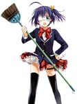  :o ahoge bad_id bad_pixiv_id black_hair black_legwear blue_eyes bow broom chuunibyou_demo_koi_ga_shitai! cross eyepatch hair_ribbon hand_on_hip holding kyou_(nodobotokemax) looking_at_viewer one_side_up plaid plaid_skirt ribbon skirt solo takanashi_rikka thigh_strap thighhighs v-shaped_eyebrows white_background 