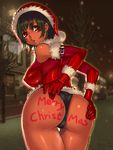 1girl ass body_writing breasts christmas dark_skin large_breasts santa_costume santa_suit sethxzoe 