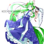  adapted_costume bare_shoulders bridal_gauntlets character_name detached_sleeves flower frog_hair_ornament green_eyes green_hair hair_flower hair_ornament hayaneko_(ceceragi) japanese_clothes kochiya_sanae long_hair miko ofuda snake_hair_ornament solo touhou very_long_hair white_background 