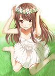  armpits arms_up bad_id bad_pixiv_id barefoot blush brown_eyes brown_hair collarbone dress flower grass head_wreath heirou long_hair looking_at_viewer on_ground original sitting smile solo sundress wariza 