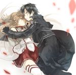  1girl asuna_(sao) couple hetero holding_hands kirito nicolat petals sleeping sword_art_online 