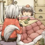  animal_ears blush_stickers c: closed_eyes cup food from_behind fruit hat hidarikata inubashiri_momiji kotatsu mandarin_orange multiple_girls shameimaru_aya short_hair sitting smile sword table tail teacup teapot tokin_hat touhou weapon white_hair wolf_ears wolf_tail 