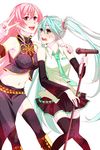  bad_id bad_pixiv_id black_legwear boots cross-laced_footwear detached_sleeves green_eyes green_hair hagitayuu hand_on_shoulder hatsune_miku highres lace-up_boots long_hair megurine_luka microphone microphone_stand midriff multiple_girls nail_polish navel necktie open_mouth pink_hair purple_eyes simple_background smile thighhighs twintails v vocaloid white_background 