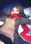  black_hair blush brown_eyes izumi_sai long_hair lying on_back original red_scarf scarf school_uniform skirt snow snowing solo tears 