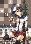  bag belt boots brown_eyes brown_hair cup flat_cap hat kasetsu_03 looking_at_viewer original short_hair skirt smile solo steam thighhighs 