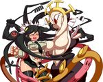  black_hair black_legwear blush breasts closed_eyes double_(skullgirls) extra_mouth fighting filia_(skullgirls) jill_besson_(vordandan) large_breasts monster_girl mutant necktie open_mouth pain prehensile_hair red_eyes samson_(skullgirls) skullgirls teeth tentacles thighhighs tongue 