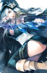  arrow ashe_(league_of_legends) blue_eyes boots bow_(weapon) breasts cleavage detached_sleeves hood league_of_legends light_smile lips medium_breasts na_young_lee solo thigh_boots thighhighs thighs weapon white_hair 