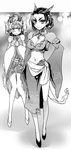  blush breasts chinese_clothes cleavage cleavage_cutout demon_girl detached_sleeves dragon_girl dragon_horns dragon_tail embarrassed eyebrows greyscale hair_up hand_on_hip highres horns ishida_akira karyuu_koujo knees_together_feet_apart large_breasts maoyuu_maou_yuusha mazoku_musume_(maoyuu) midriff monochrome monster_girl multiple_girls navel shorts shorts_under_skirt side_slit tail thick_eyebrows wide_sleeves 