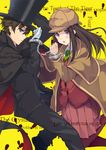  1girl bad_id bad_pixiv_id black_hair brown_hair cape chitanda_eru costume cuffs detective green_eyes handcuffs hat hyouka itsui_(dihydrogenmonoxid) kimi_ni_matsuwaru_mystery long_hair oreki_houtarou pantyhose purple_eyes top_hat tuxedo 