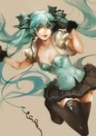  aqua_eyes aqua_hair black_legwear bow breasts gloves hair_bow hatsune_miku long_hair medium_breasts na_young_lee skirt solo thighhighs very_long_hair vocaloid 