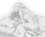  1girl asuna_(sao) bed couple greyscale hetero kirito monochrome nicolat pillow sleeping sword_art_online 