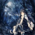  black_hair blush bug butterfly cat forest full_moon insect leaf long_hair moon nature night night_sky onineko original scarf scenery sitting skirt sky smile tree yellow_eyes 