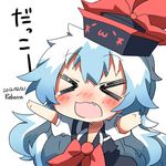  &gt;_&lt; 2012 :3 artist_name bad_id bad_twitter_id blue_hair blush closed_eyes dated expressive_clothes fang hat kamishirasawa_keine long_hair lowres open_mouth rebecca_(keinelove) signature smile solo touhou 