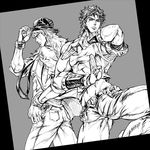  greyscale hat jojo_no_kimyou_na_bouken jonathan_joestar long_hair manly midriff monochrome multiple_boys navel necktie nkusako pose robert_eo_speedwagon scar 