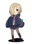  bags_under_eyes black_legwear blonde_hair blush boots chibi earrings hair_over_one_eye hood hood_down hoodie idolmaster idolmaster_cinderella_girls jewelry looking_at_viewer open_mouth pantyhose plus9 red_eyes shirasaka_koume short_hair skirt sleeves_past_fingers sleeves_past_wrists smile solo star striped 