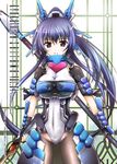  araissu armor blue_hair blush bodysuit bow breasts cleavage cover cover_page covered_navel doujin_cover faulds fingerless_gloves gloves honda_futayo kyoukaisenjou_no_horizon large_breasts long_hair pantyhose polearm ponytail purple_eyes smile solo spear tonbokiri_(horizon) weapon 