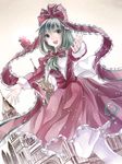  box church dress front_ponytail gift gift_box green_eyes green_hair hair_ribbon juliet_sleeves kagiyama_hina long_sleeves miyakure open_mouth outstretched_arms pantyhose puffy_sleeves red_dress ribbon smile snowing solo standing standing_on_one_leg touhou white_legwear 