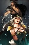  1girl armor ashe_(league_of_legends) black_hair bow_(weapon) breasts cleavage gloves green_eyes highres hood husband_and_wife large_breasts league_of_legends lips lipstick long_hair looking_at_viewer looking_back makeup na_young_lee shoulder_pads silver_hair smile tryndamere weapon 